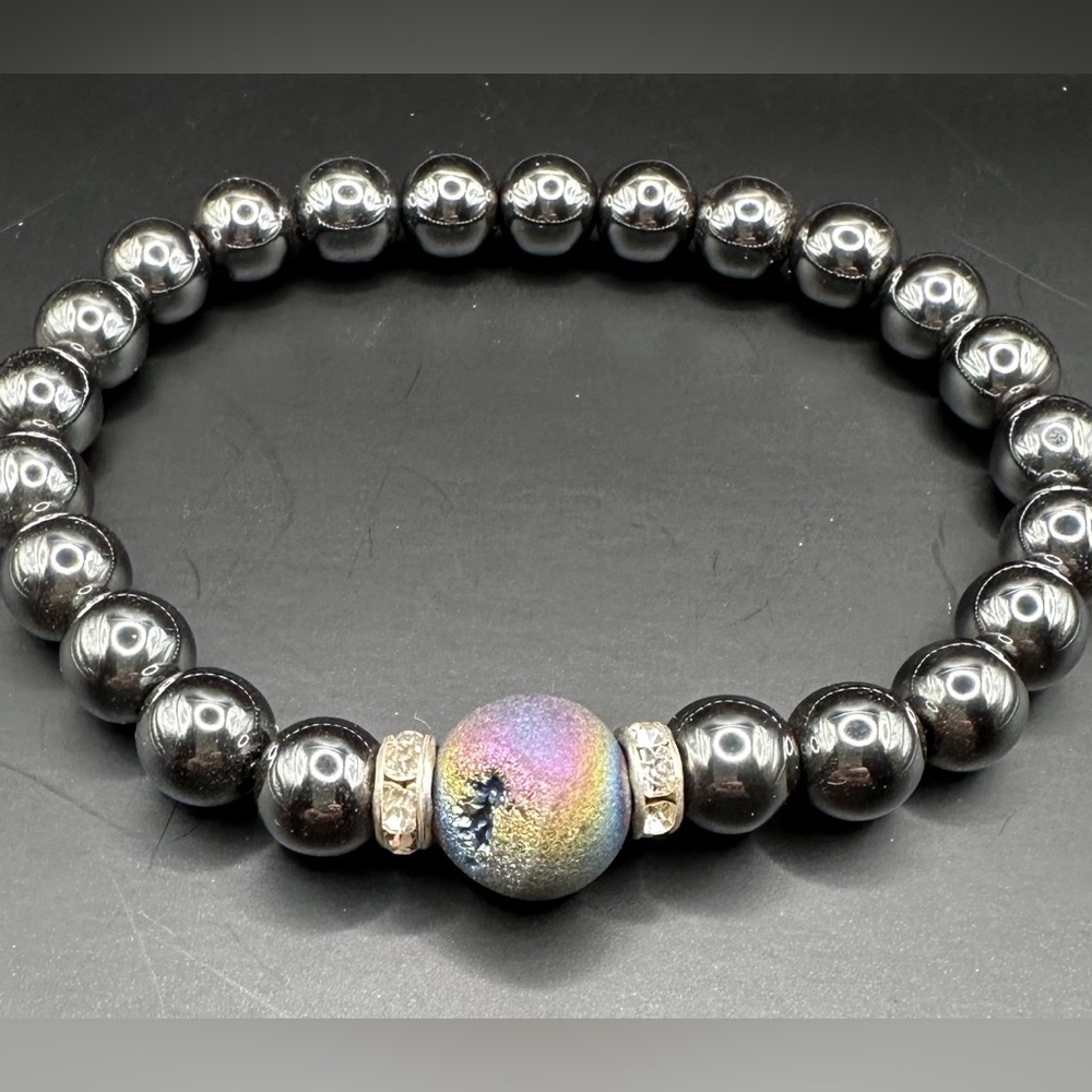 Genuine Hematite & Iridescent Druzy Stone